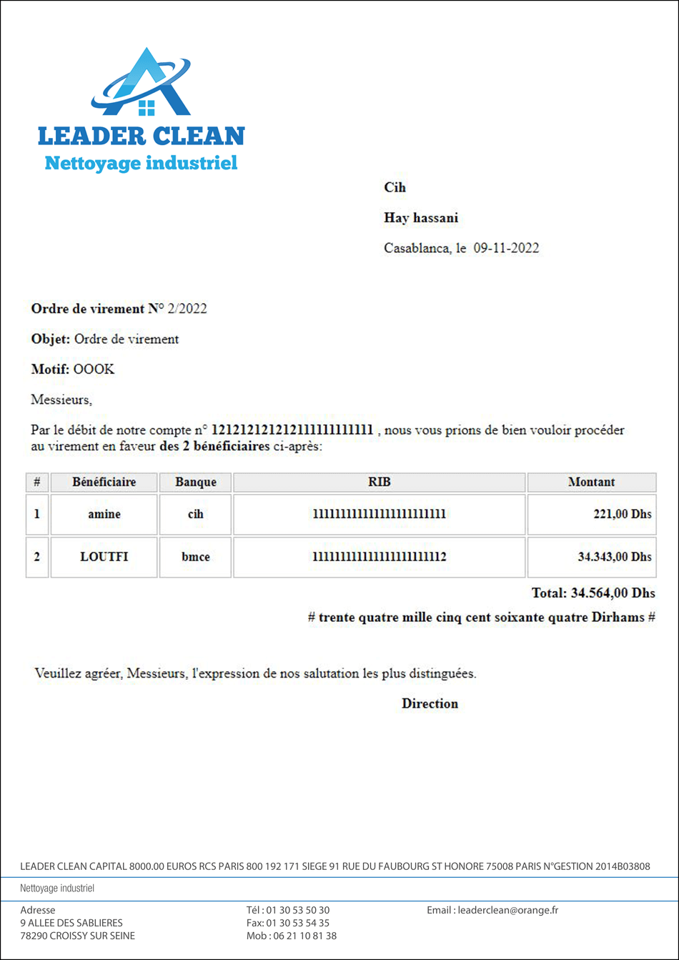 gestion et impression des ordres de virements locaux et internationaux
